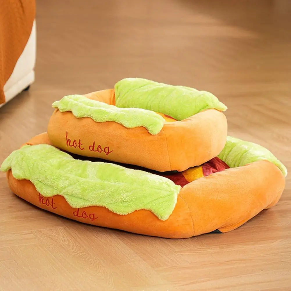 Hot Dog-Shaped Plush Bed for Small Dogs & Cats