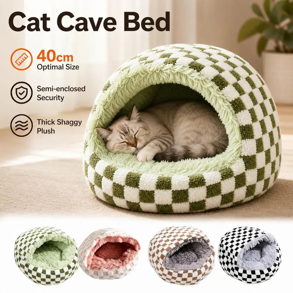 Checkerboard Plush Hooded Pet Bed