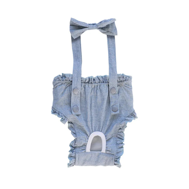 Ruffle-Trim Pet Sanitary Pants with Bow Suspenders