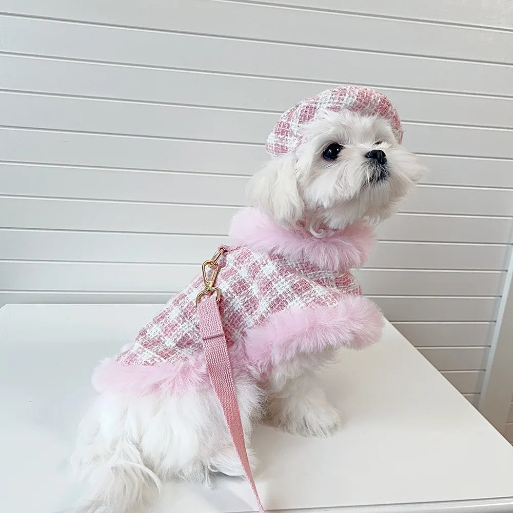 Plaid Pet Cape Coat with Fluffy Trim