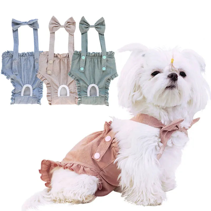 Ruffle-Trim Pet Sanitary Pants with Bow Suspenders