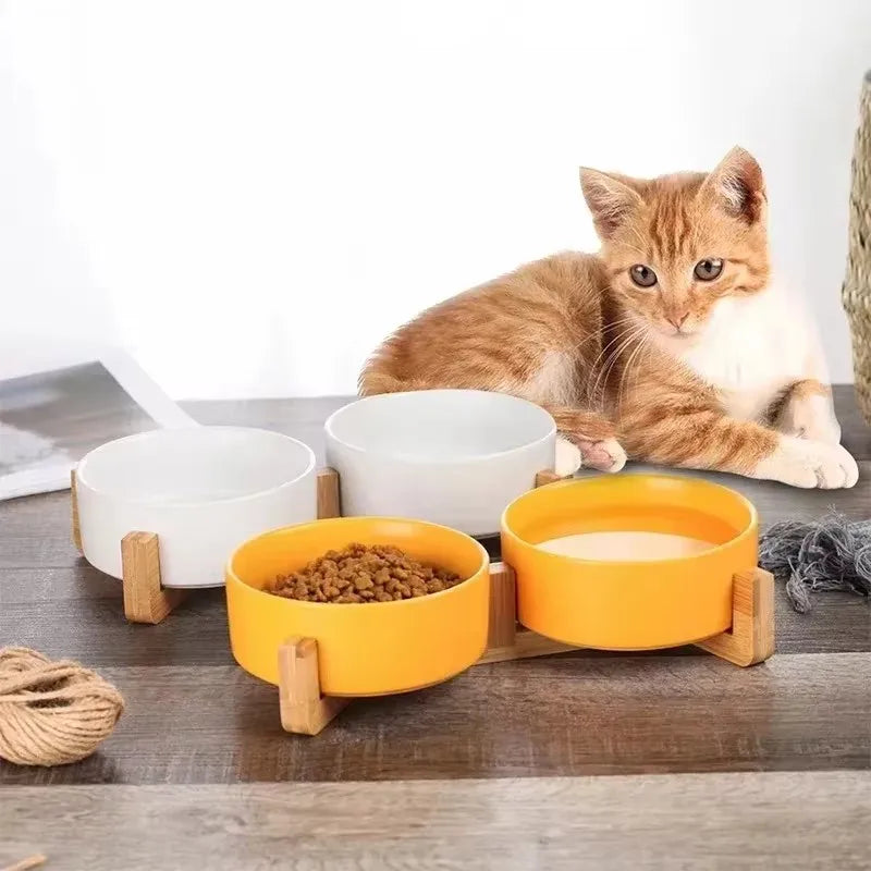Ceramic Pet Bowl & Wooden Holder in Two Sizes