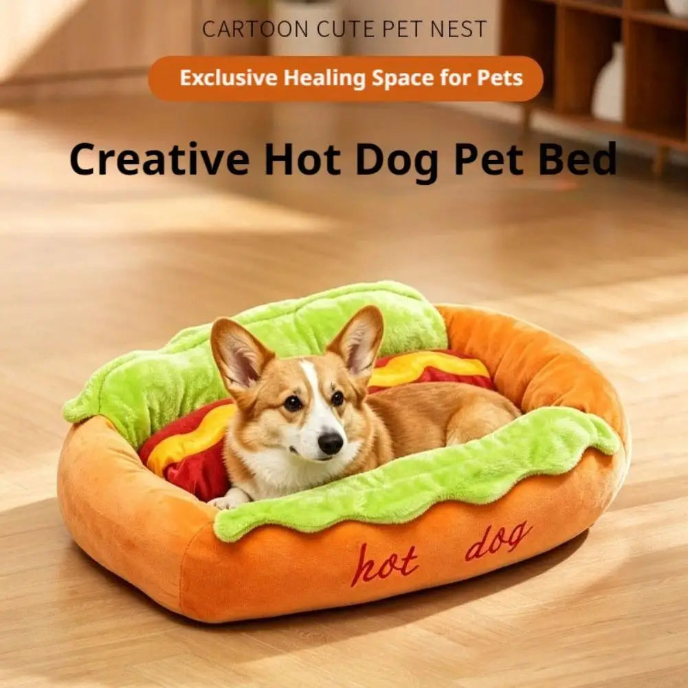 Hot Dog-Shaped Plush Bed for Small Dogs & Cats