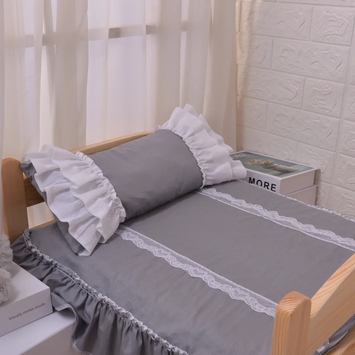 Cottage-Style Wooden Pet Bed with Ruffled Bedding