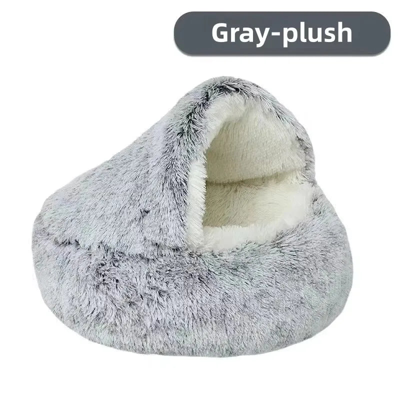 Shaggy Plush Cat Cave Bed with Snuggle Cover