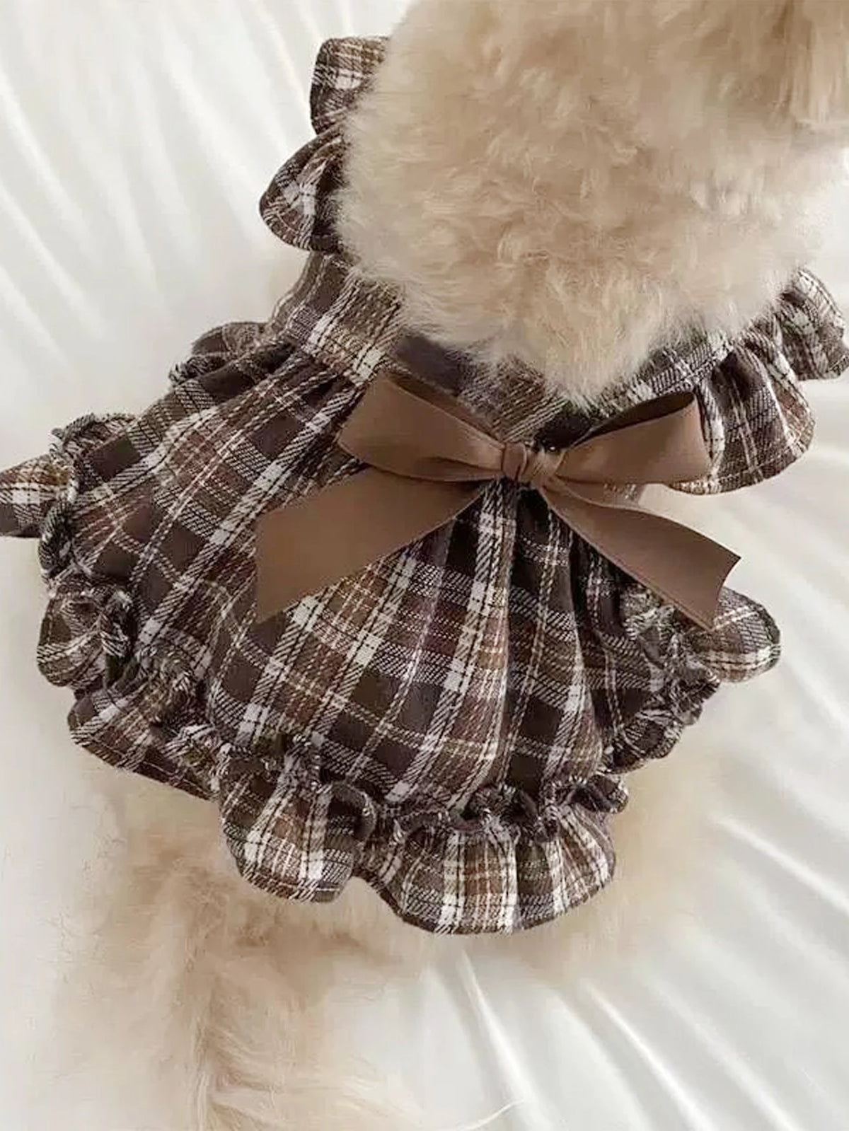 Brown Plaid Pet Pinafore Dress with Ruffle Trim