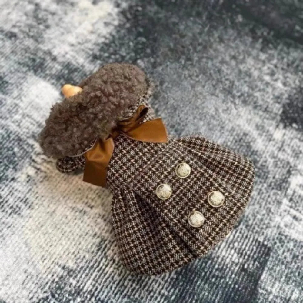 Brown Check Pet Dress with Plush Collar & Satin Bow
