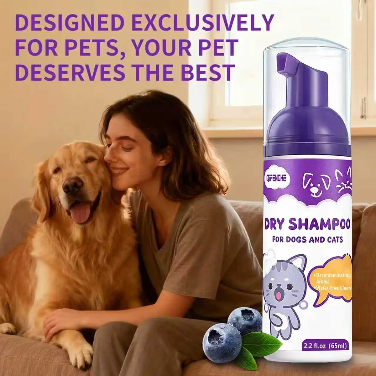 QIFENGHE Pet Dry Shampoo Foam, 65 ml