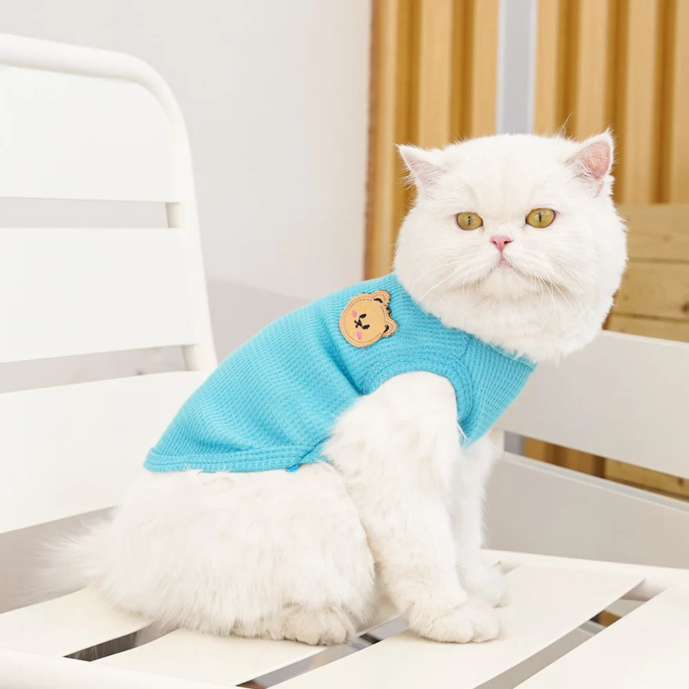 Waffle-Texture Bear-Patch Cat Vest