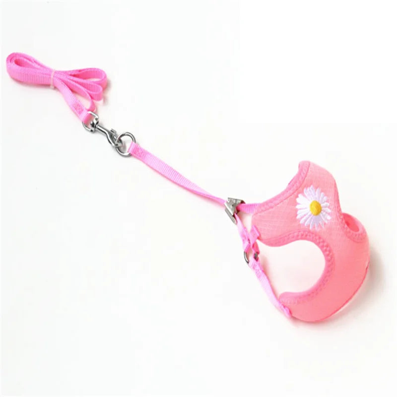 Daisy-Embroidered Mesh Pet Harness & Matching Leash Set