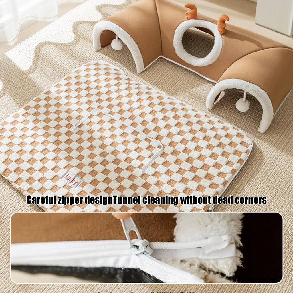 Kitten Play Tunnel Bed with Checkerboard Mat