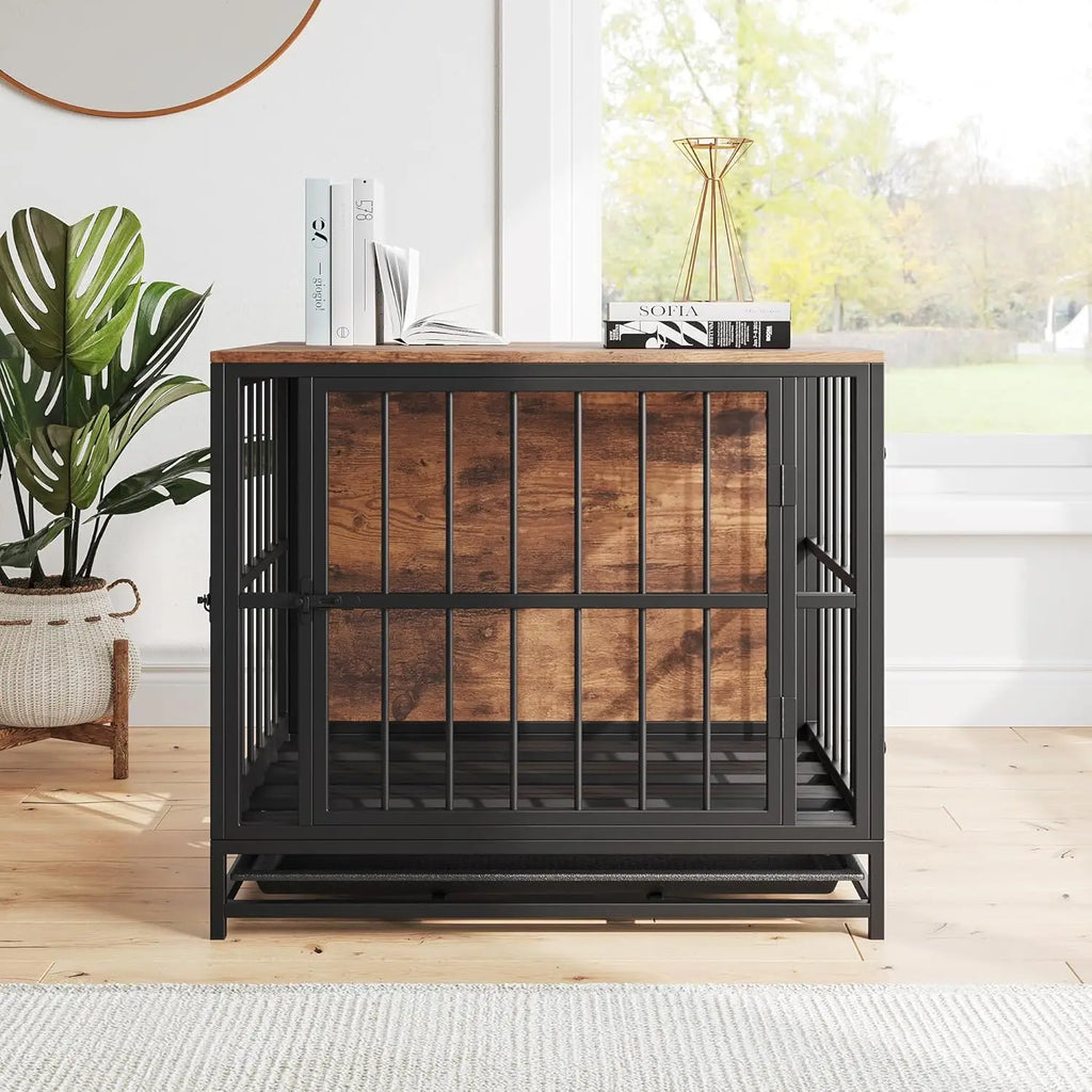 Furniture-Style Dog Crate Side Table with Double Doors & Tray