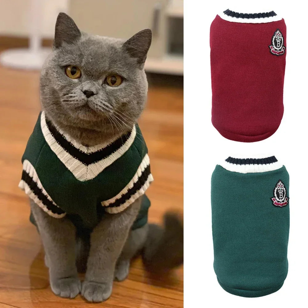 Varsity-Style V-Neck Pet Sweater