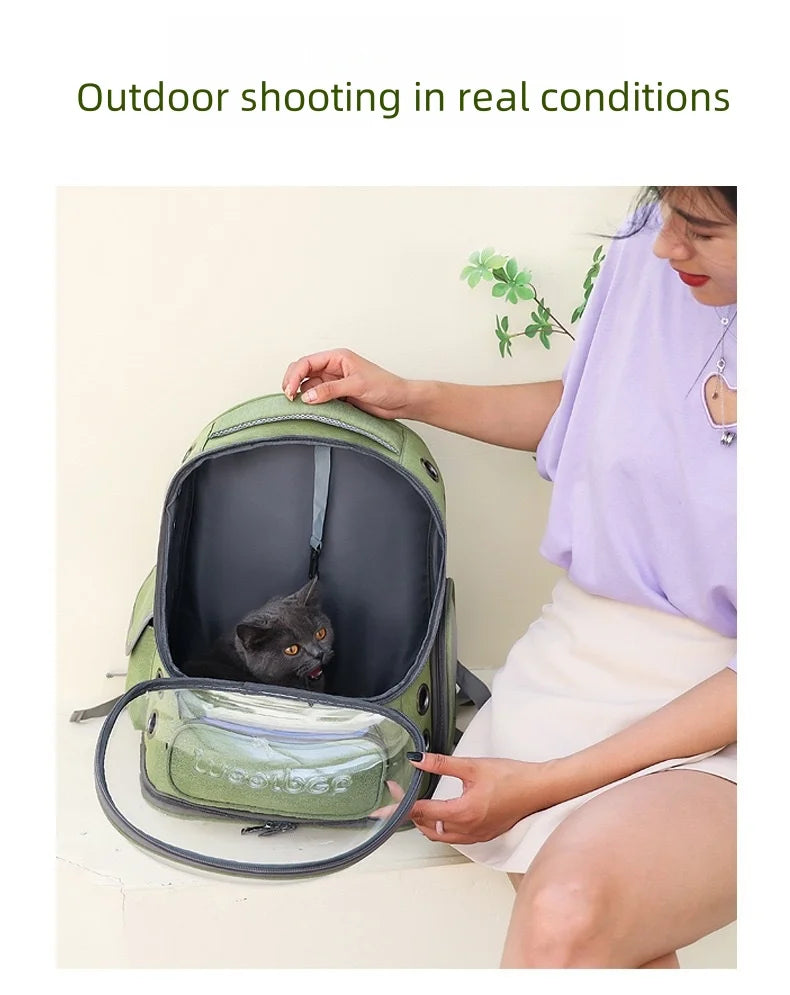 Green Clear-Front Cat Carrier Backpack with Storage Pockets