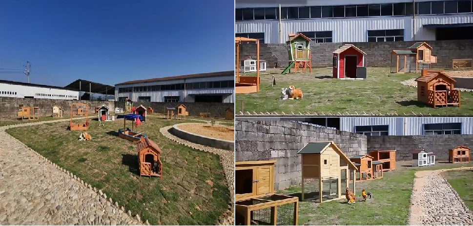 Wooden Dog House with Porch, Feeding Station & Side Storage