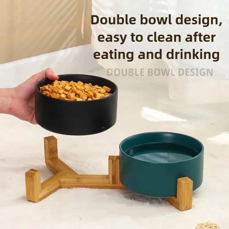 Ceramic Pet Bowl & Wooden Holder in Two Sizes