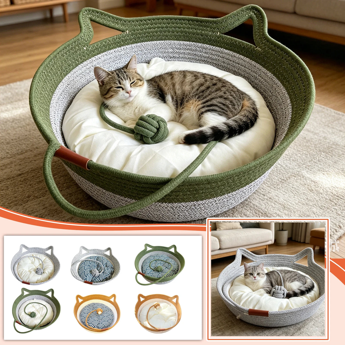 Cat-Ear Basket Bed with Removable Cushion