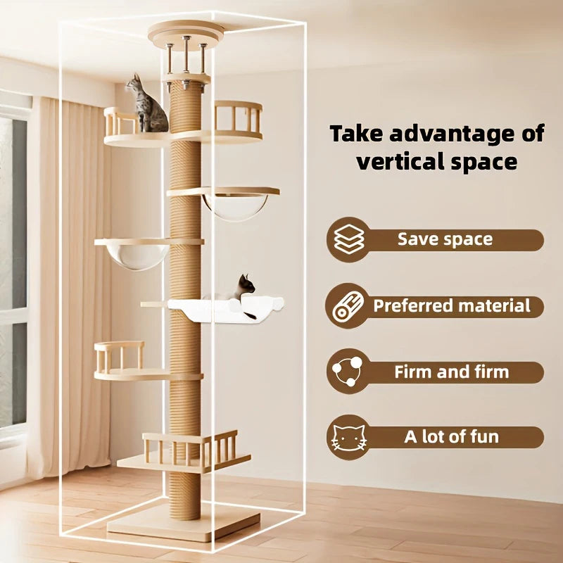 Floor-to-Ceiling Cat Tree with Clear Bowls & Hammock