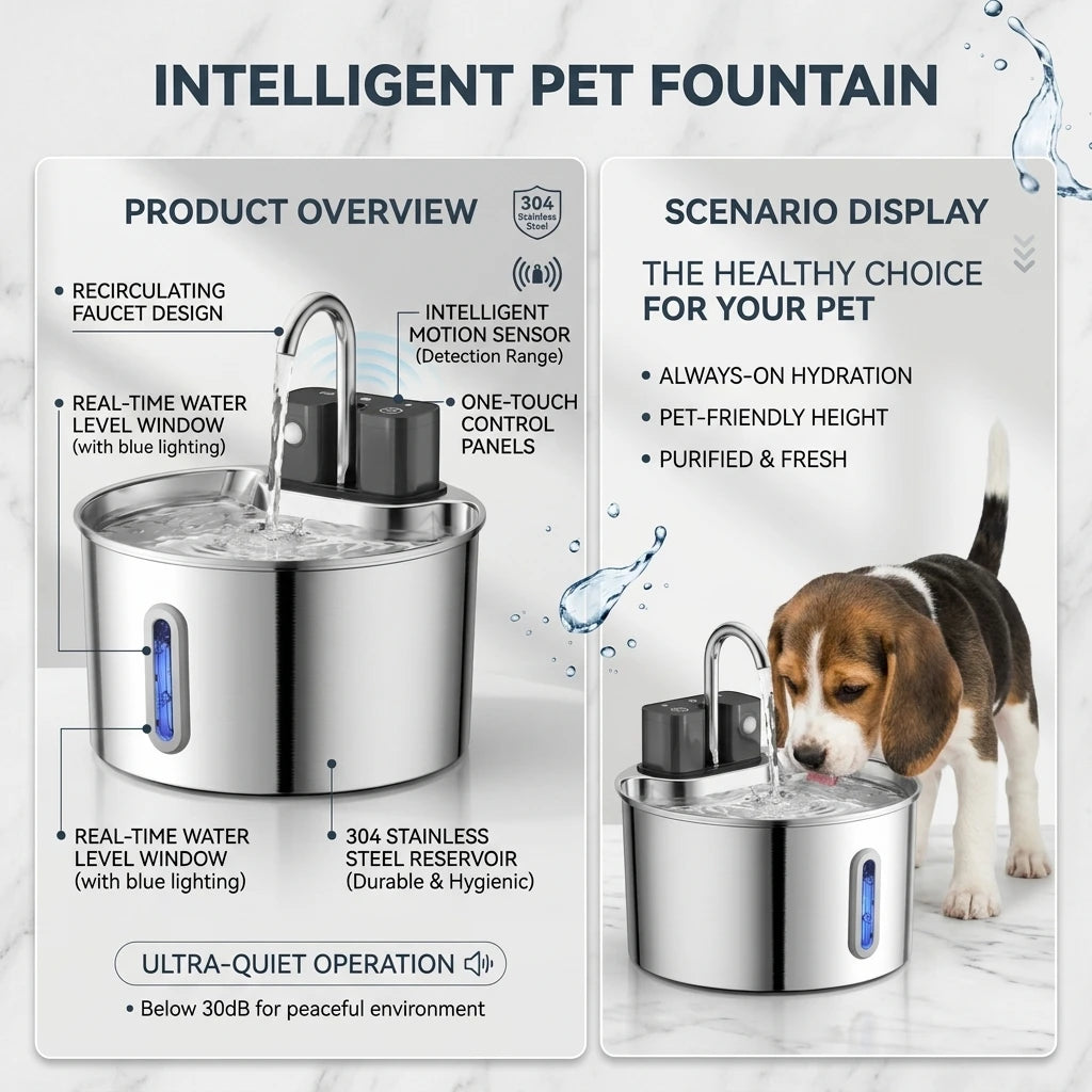 Stainless Steel Motion-Sensor Pet Water Fountain, 2L–2.2L