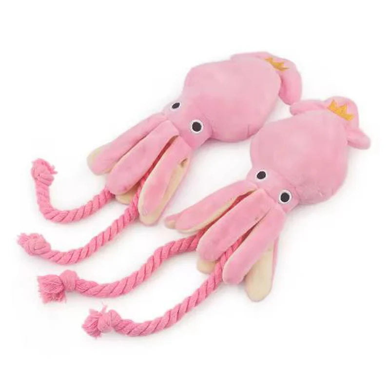 Pink Squeaky Octopus Dog Toy with Rope Tentacles