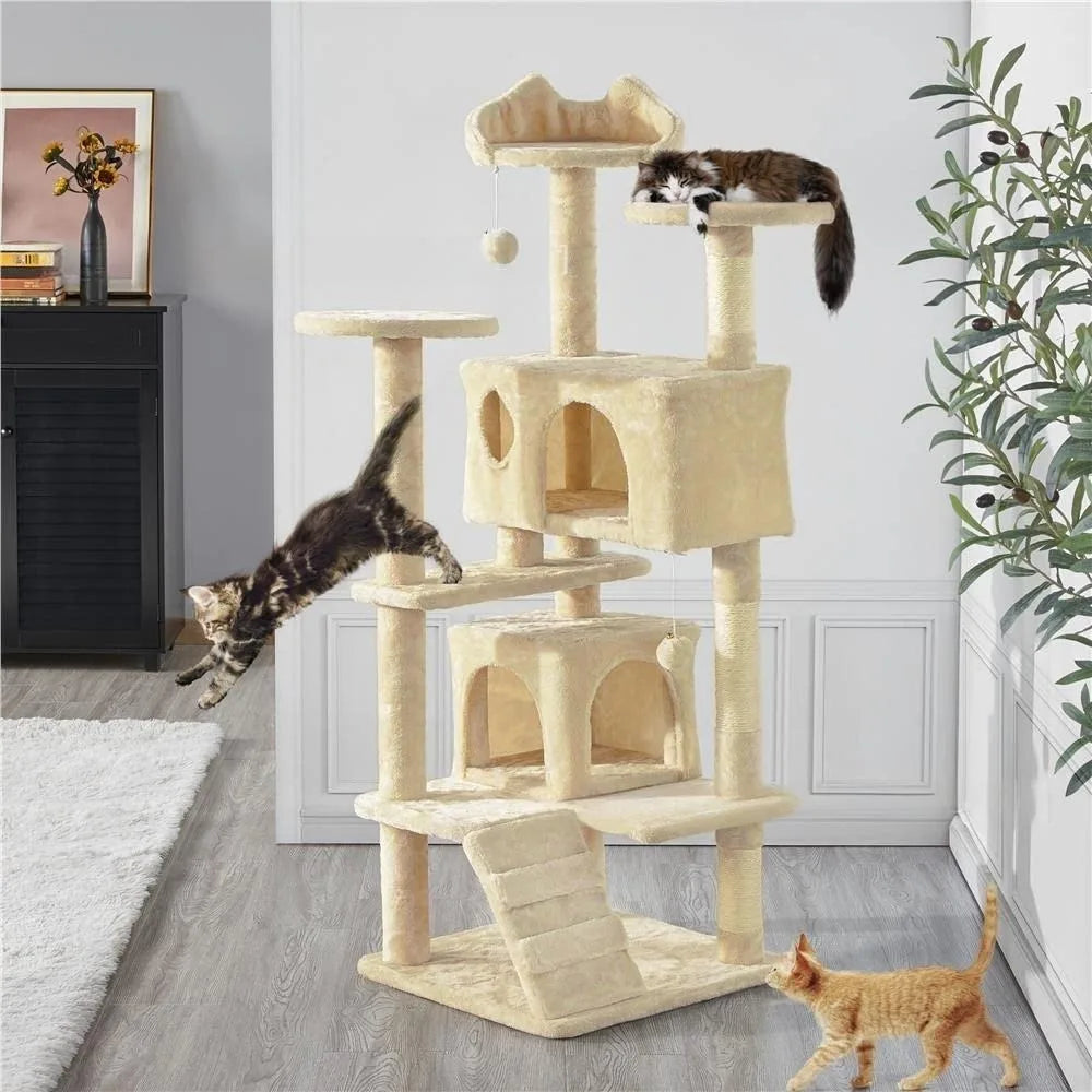Multi-Level Plush Cat Tree with Two Condos & Three Perches