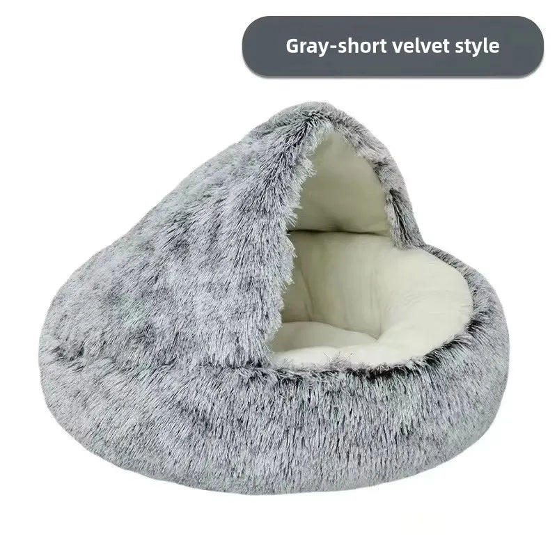 Shaggy Plush Cat Cave Bed with Snuggle Cover