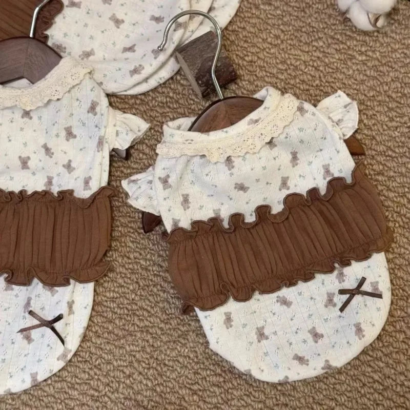 Bear-Print Pet Top with Lace Collar & Brown Ruffle