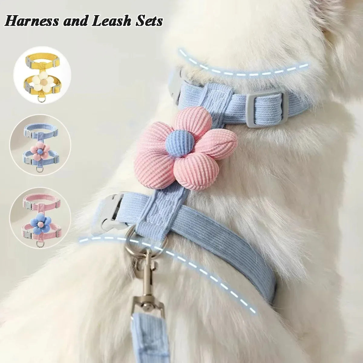 Flower-Detail Pet Harness & Matching Leash Set