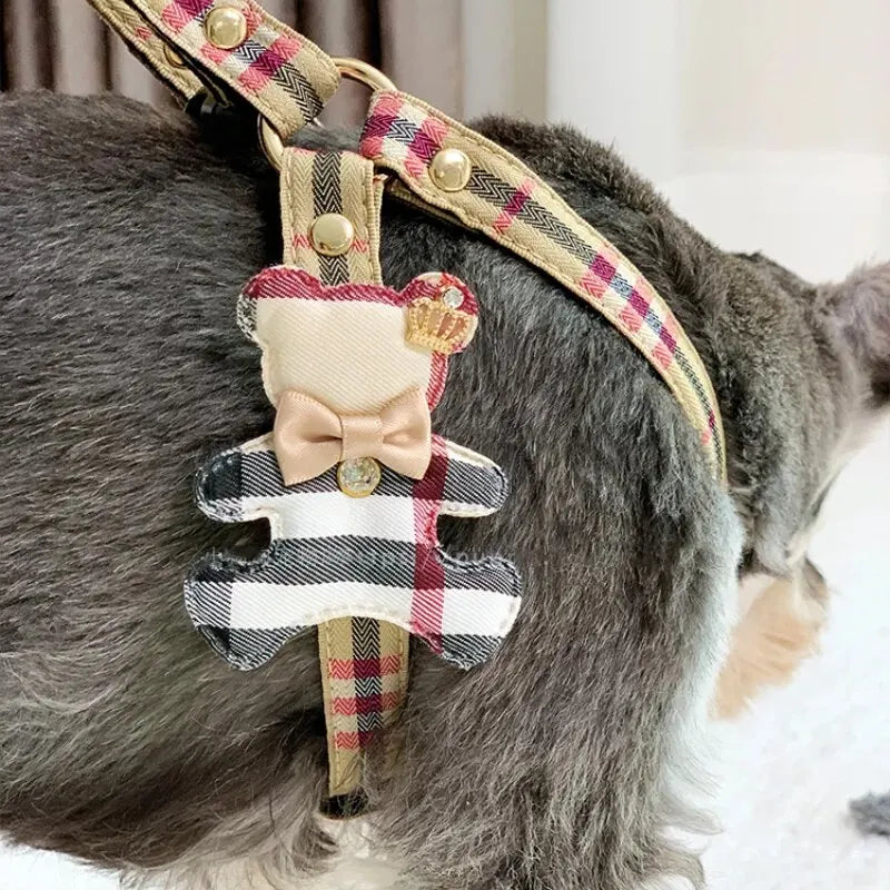 Plaid Bear-Detail Pet Harness & Matching Leash Set