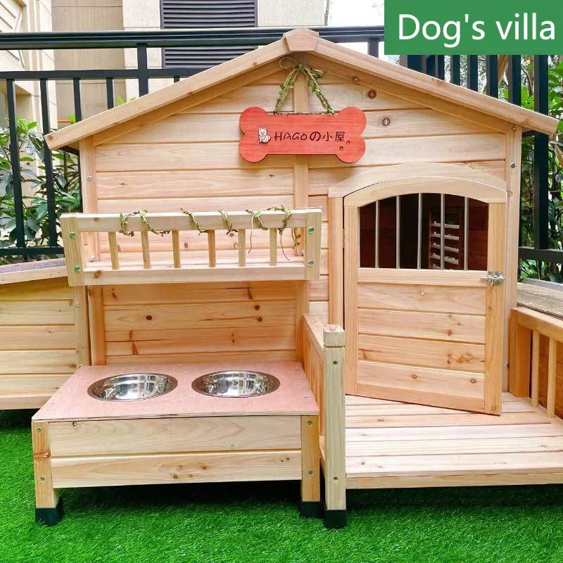 Wooden Dog House with Porch, Feeding Station & Side Storage