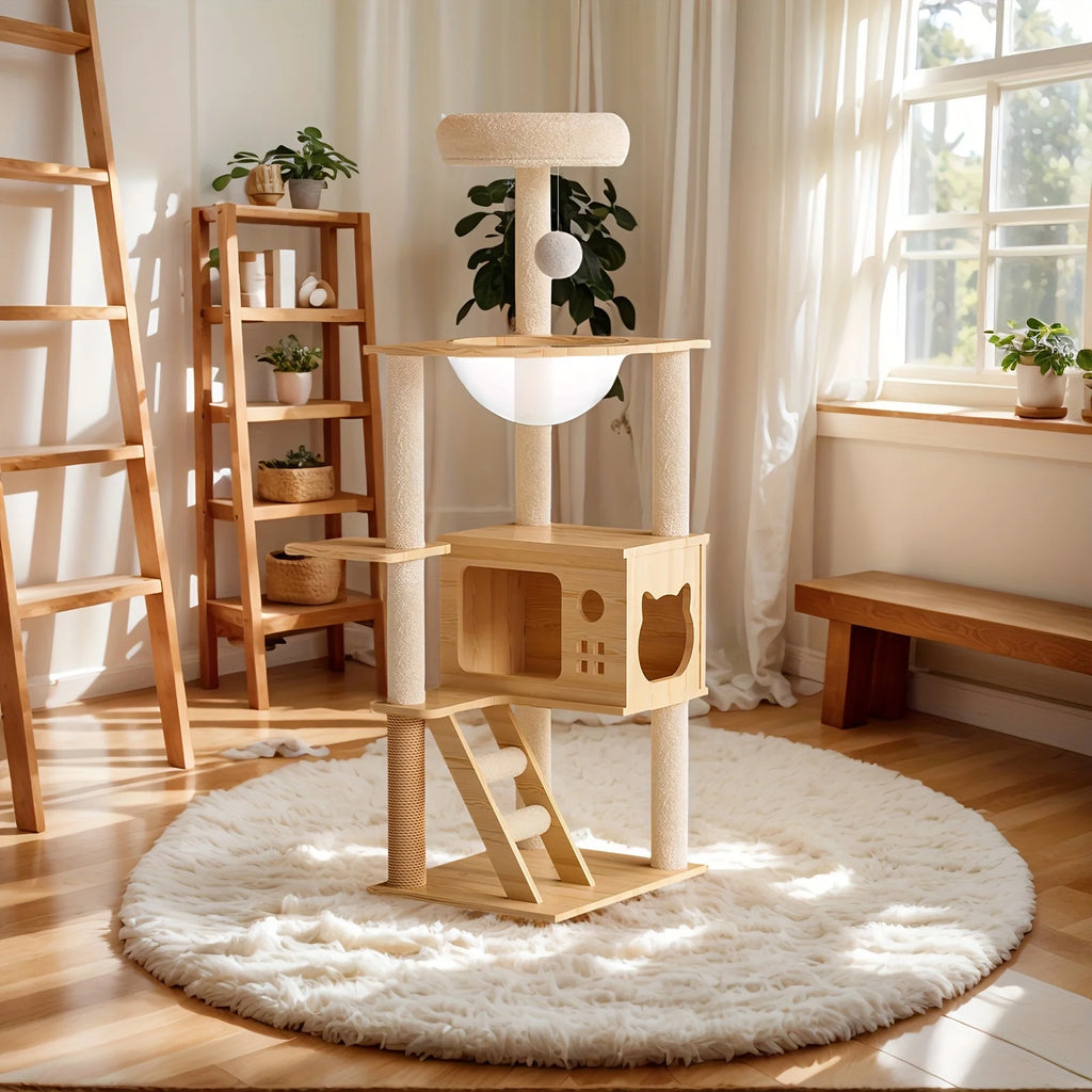 Wood-Look Cat Tower with Clear Lounging Bowls & Hideaway