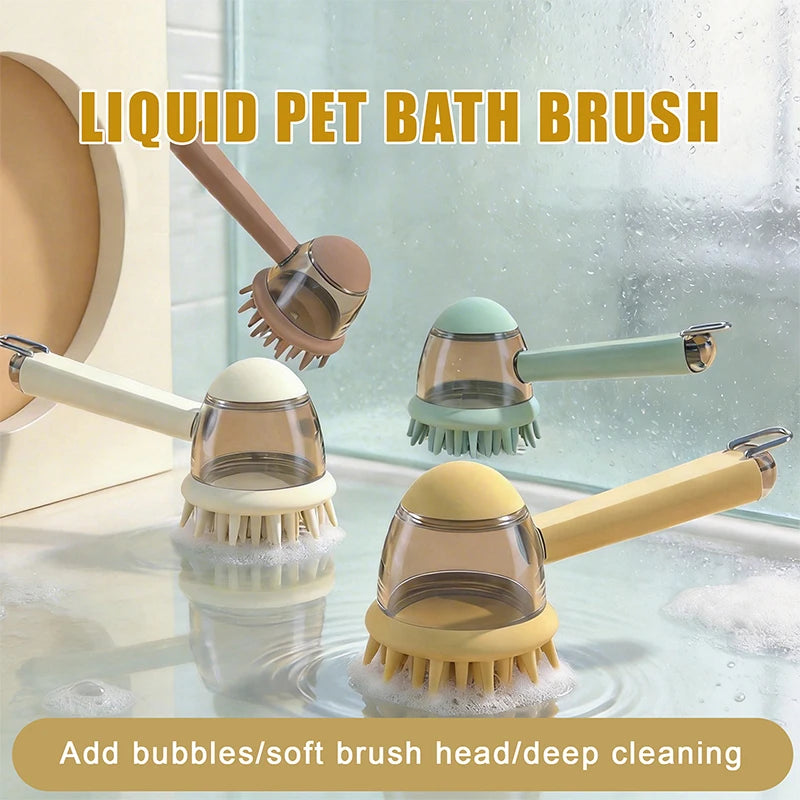 Pet Bath Brush with Refillable Shampoo Dispenser & Long Handle