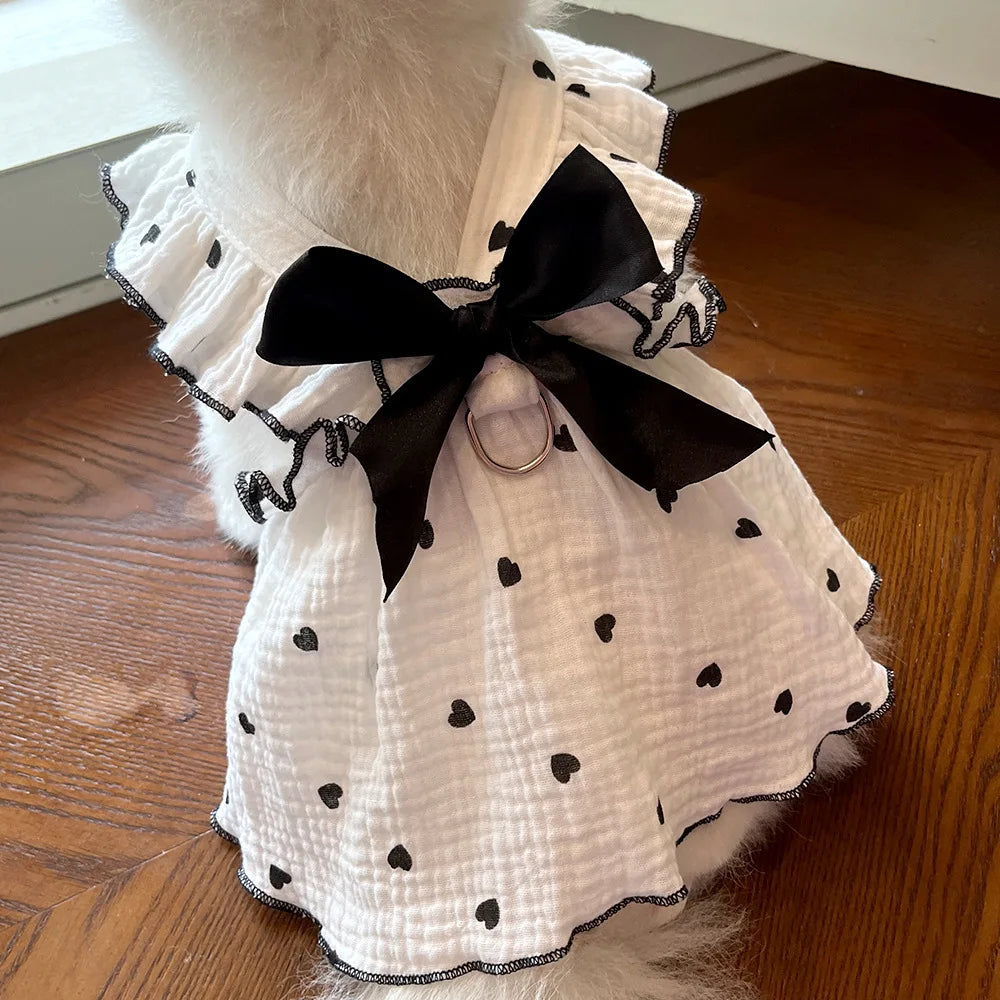 Heart-Print Pet Dress with Ruffle Collar & Bow