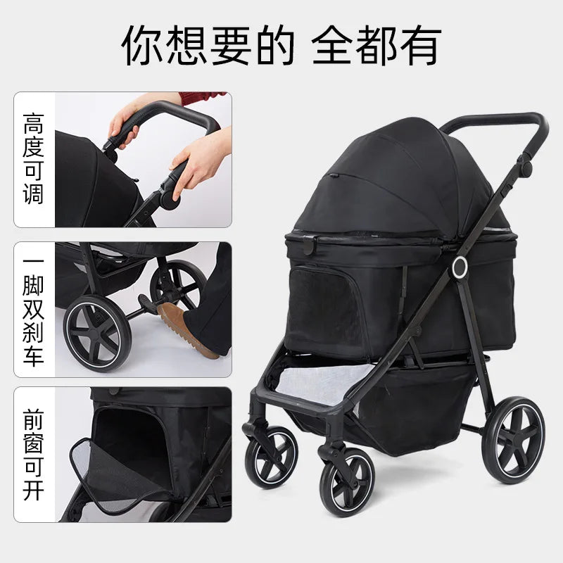 Black Pet Stroller with Canopy & Lower Storage Basket