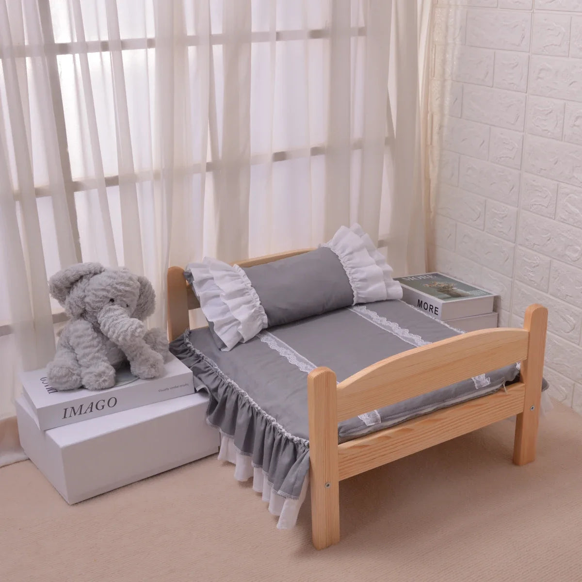 Cottage-Style Wooden Pet Bed with Ruffled Bedding
