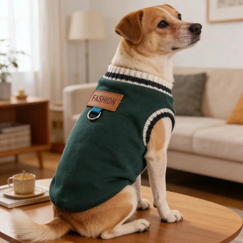 Striped-Trim Pet Sweater Vest with Back Patch