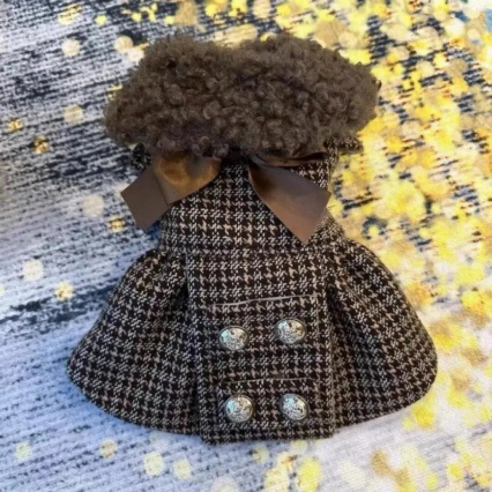 Brown Check Pet Dress with Plush Collar & Satin Bow