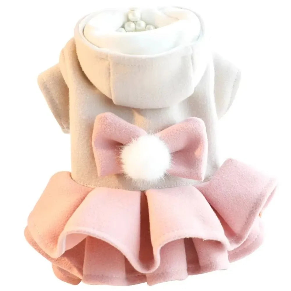Hooded Pet Dress with Pom-Pom Bow & Tiered Skirt