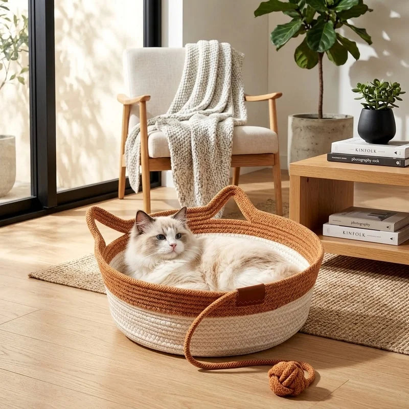 Cotton Rope Cat Basket Bed with Ear Handles & Ball Toy