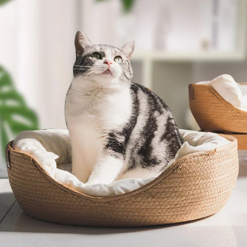 Handwoven Cat Basket Bed with Cushioned Liner