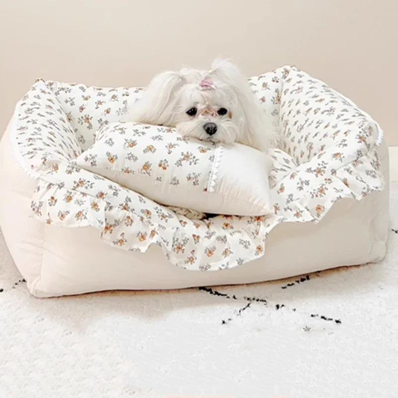 Ruffled Cotton Pet Sofa Bed for Dogs & Cats