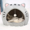 Gray Cat-Face Plush Cave Bed with Pom-Pom