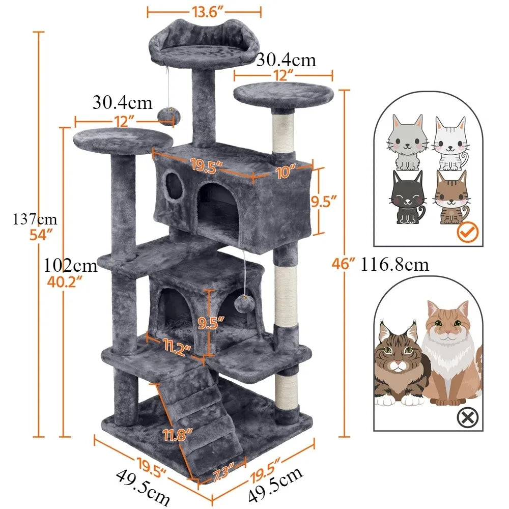 Multi-Level Plush Cat Tree with Two Condos & Three Perches