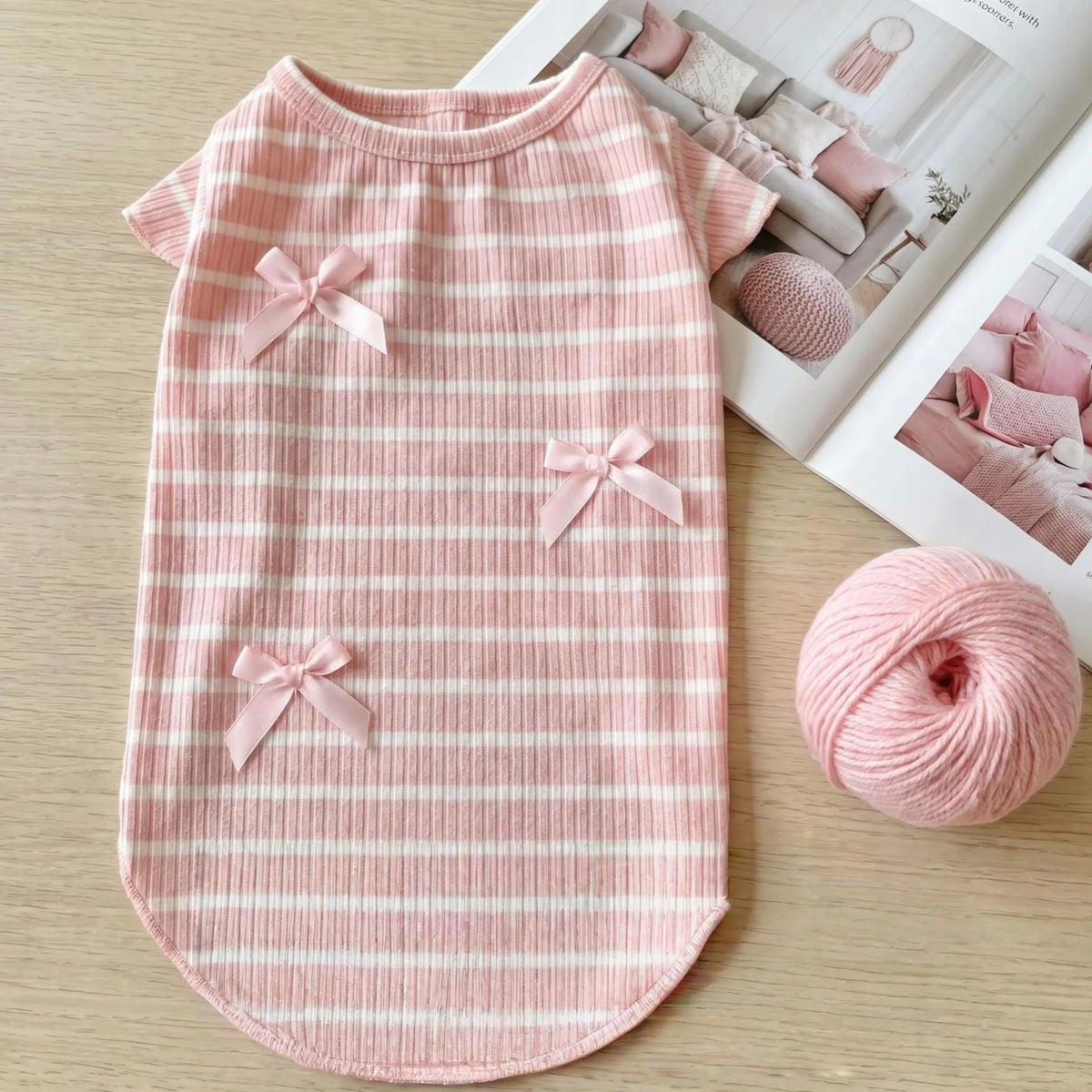 Striped Ribbed Pet T-Shirt with Ribbon Bows