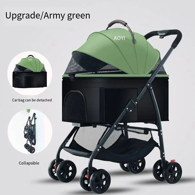 Folding Pet Stroller with Detachable Basket & Mesh Canopy