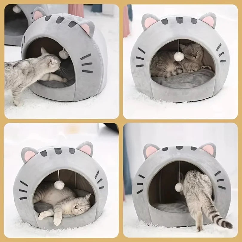 Gray Cat-Face Plush Cave Bed with Pom-Pom