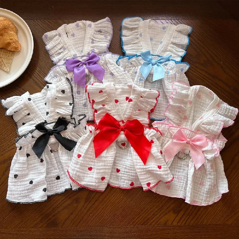 Heart-Print Pet Dress with Ruffle Collar & Bow