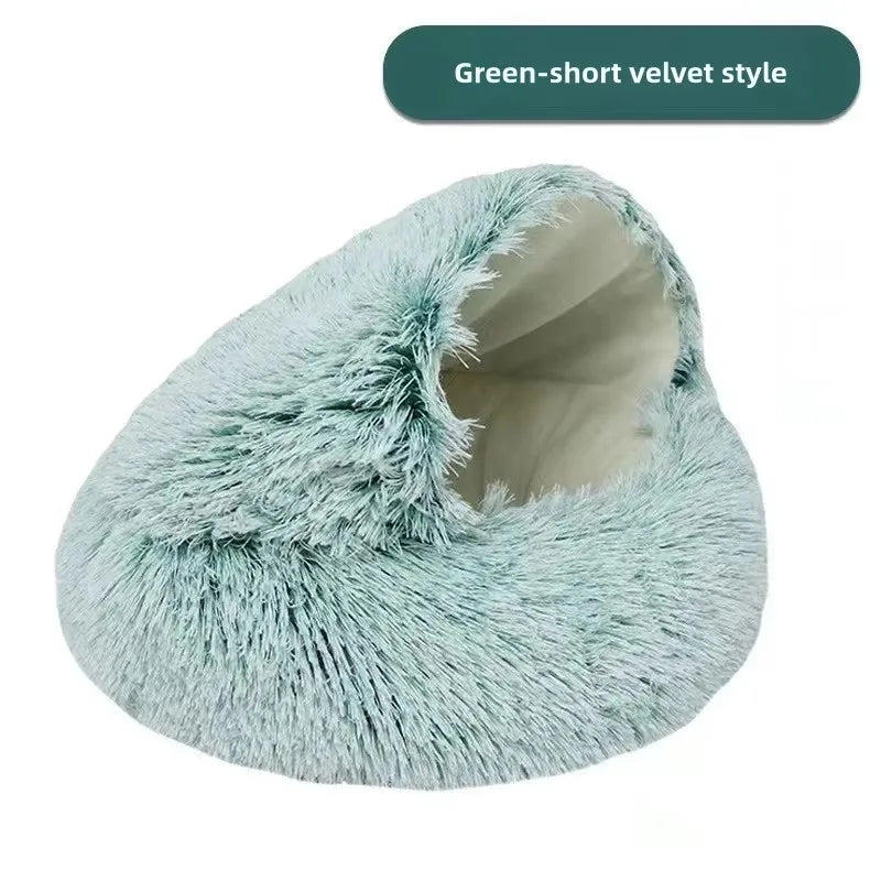 Shaggy Plush Cat Cave Bed with Snuggle Cover