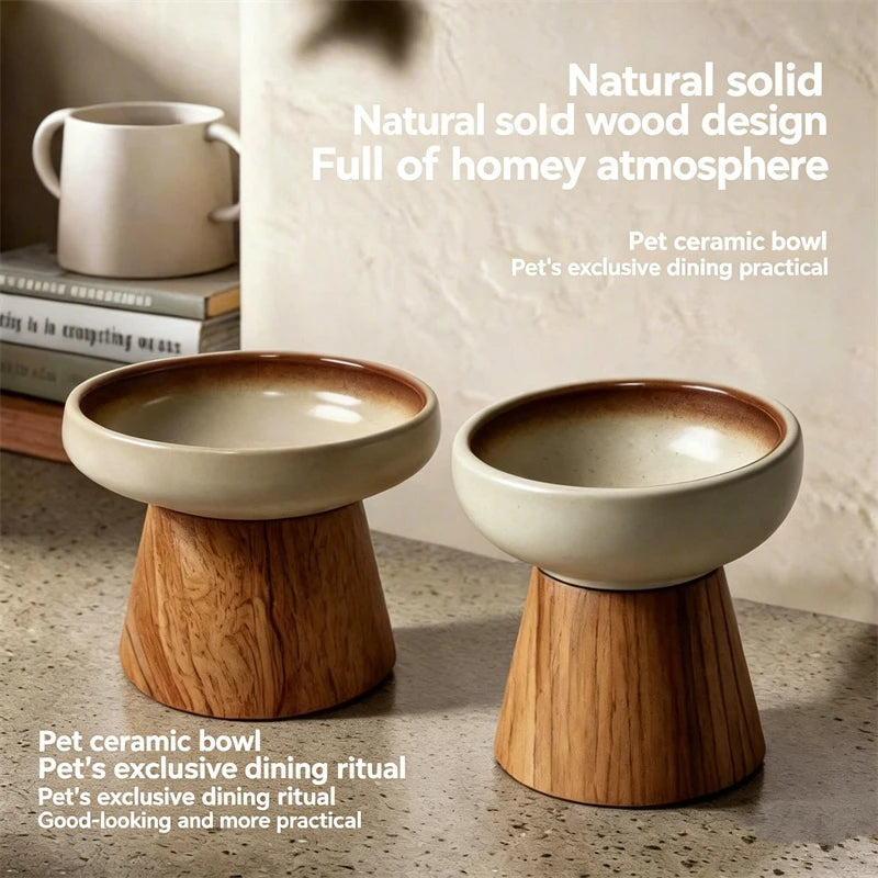 Ceramic Pet Bowl with Wooden Stand