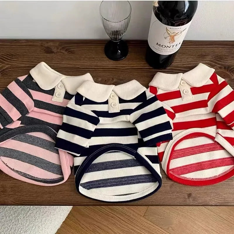 Striped Pet Polo Shirt with Contrast Collar